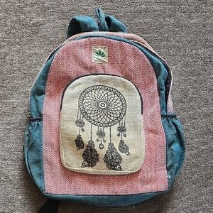 Pure Hemp Stylish Red And Green Backpack with Dreamcatcher Design